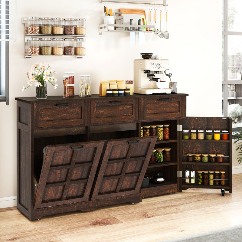 Armoire de cuisine à double poubelle inclinable avec tiroir et tablettes Balconera, Brun