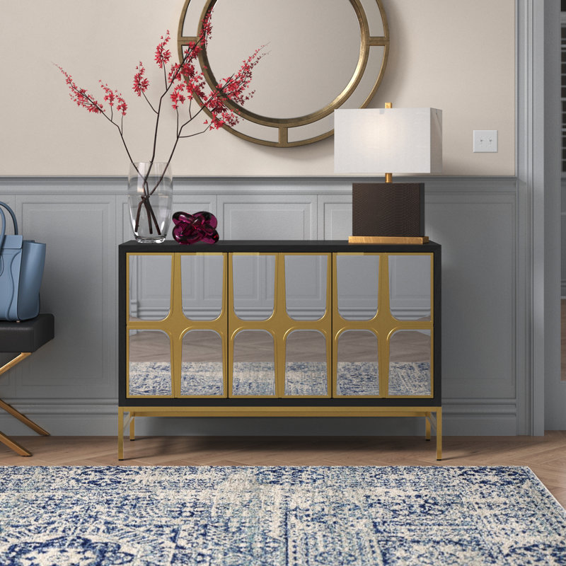 Wooden 1 Shelf and 3 Doors Room Cabinet with Mirrored Front, Black