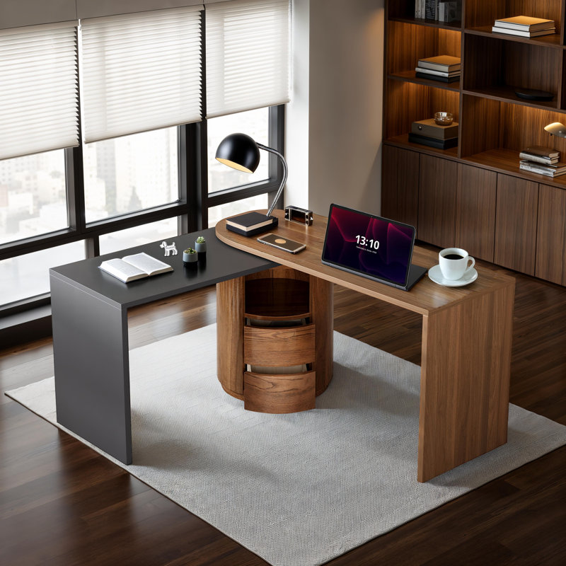 Modern L-Shaped Desk with 2 Drawers and Open Storage, 360° Wood Rotating Desk, Executive Office Desk, Corner Desk