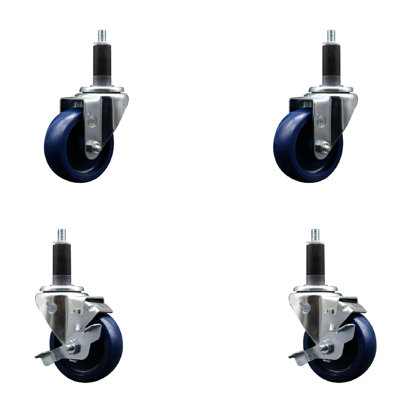 3.5 Inch SS Solid Poly Wheel Swivel 1-1/8 Inch Expanding Stem Caster Set 2 Brakes SCC