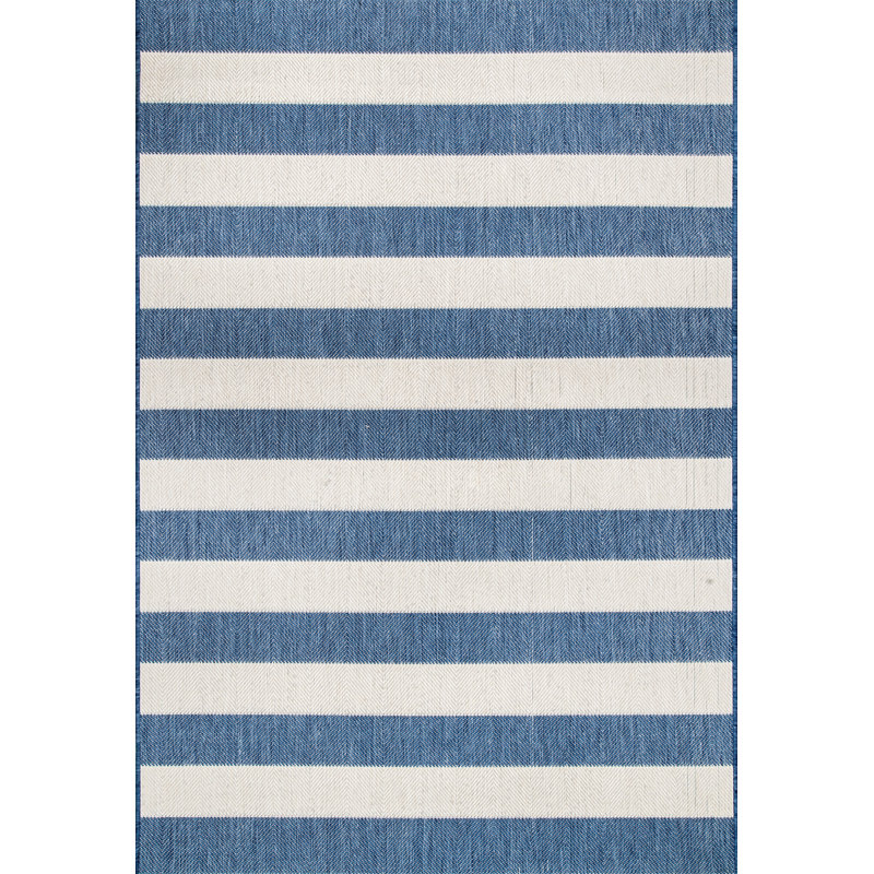 Tapis rayé bleu intérieur / extérieur Robert, Rectangulaire 5 pi 3 po x 7 pi 6 po