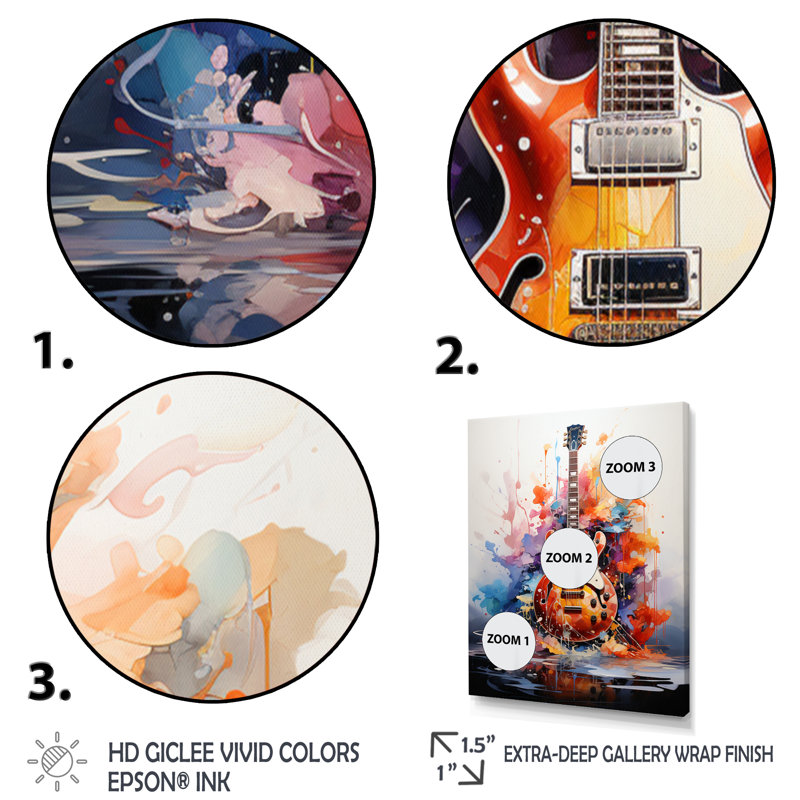 Laspisa Dry Watercolor Fire Guitare I - musique, art mural, H 20 po x l 12 po x P 1 po, Toile tendue