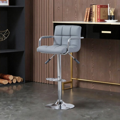 Tabouret de bar pivotant contemporain réglable gris avec accoudoirs chromés et confort coussiné