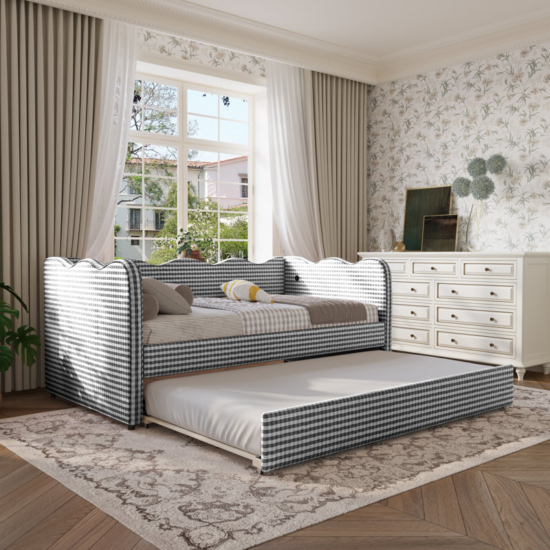 Linen Upholstered Gingham Daybed With Trundle, Usb Charging Port & Wave-shaped Design, No Box Spring Needed, Black