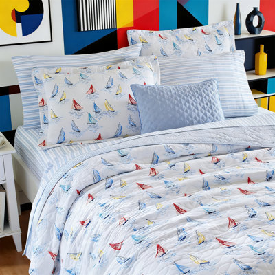 Twin Cotton Reversible Quilt Set With Sham - Ahoy Blue, All Seasons