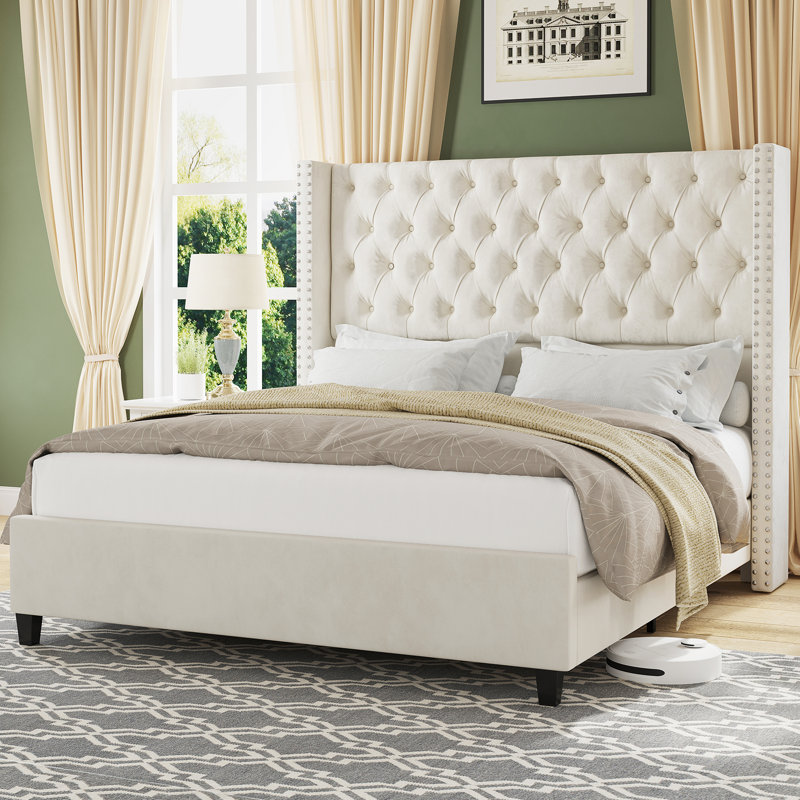 Duluth Upholstered Wingback Bed, Cream, King