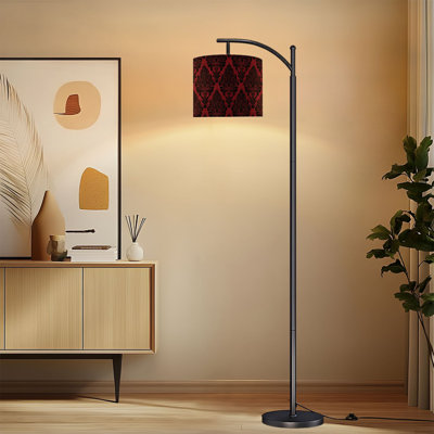 Arc Floor Lamp with Adjustable Lampshade Elegant Red Black Damask Vintage Design Standing Lamp 3 Color Temperatures Dimmable Tall Pole Lamp with Foot Switch for Bedroom