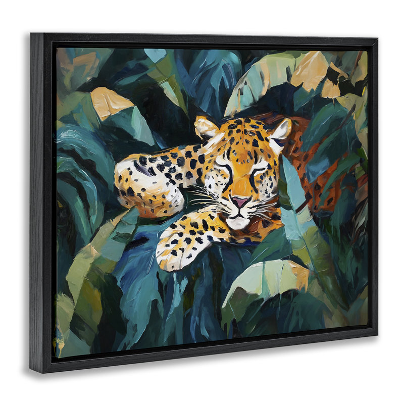 «Leopard Sleeping in Leaves», art mural sur toile par Ramona Murdock, H 17 po x l 21 po, Cadre flottant noir de jais