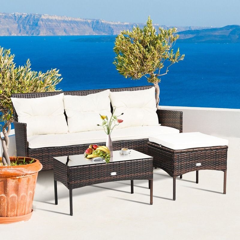 3 PCS Patio Conversation Set Outdoor PE Rattan Garden Furniture Set