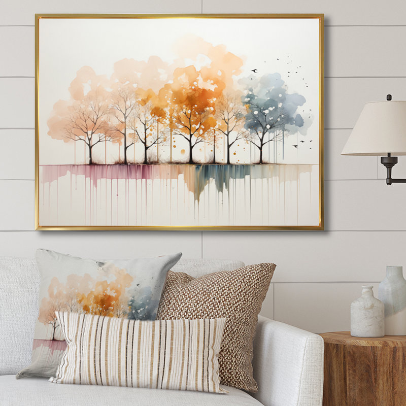 «Minimalisme, arbre jaune solitude II», art mural encadré, H 34 po x l 44 po x P 1,5 po, Cadre flottant doré