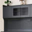 Buffet de rangement noir pour salle à manger équipé d'un bar à café avec armoire à six tiroirs, de cinq armoires réglables, d'un porte-serviette et d'un panneau suspendu