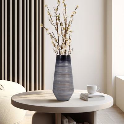 Modern Neutral Gray and Black Glass, 15" Enameled Vase