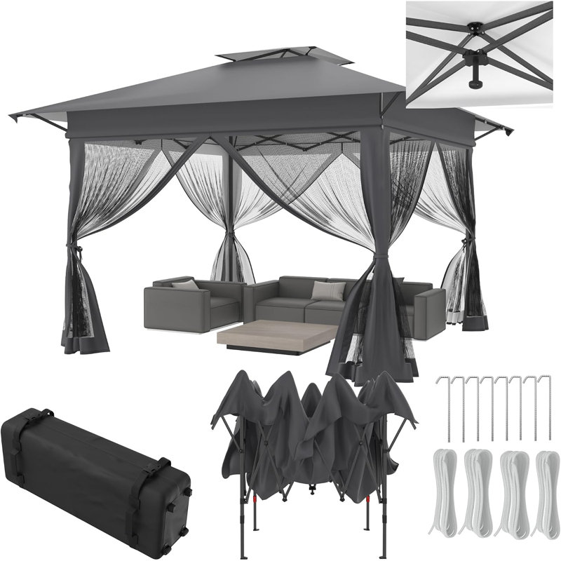 Pop Up Gazebo, 4 x 4 m Folding Garden Gazebo with Double Roof and Mesh Netting Mosquito and UV Protection Height Adjustable, Sturdy Garden Tent with Carry Bag