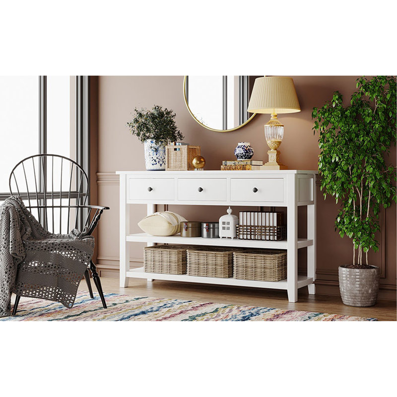 Console rétro avec deux tablettes ouvertes, structure en bois de pin massif et pieds pour le salon (blanc antique)