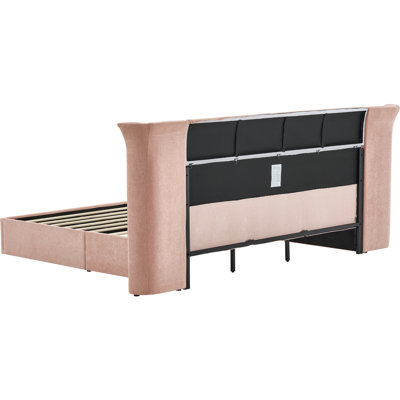 Lit King Size de luxe avec tête de lit à oreilles, revêtement en tissu chenille doux, structure robuste pour chambre à coucher, matelas non inclus - Rose