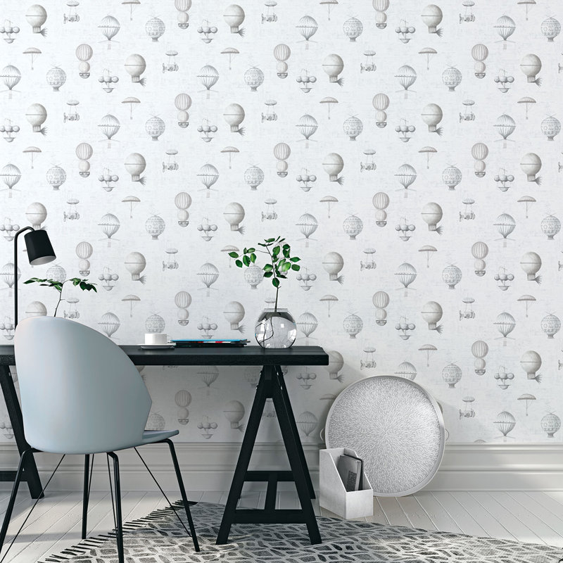 Nostalgie Steampunk Air Balloons 33' L x 21" W Wallpaper Roll, Metallic Silver/Gray/White
