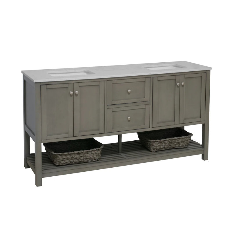 Binne 72'' Double Bathroom Vanity with Top, Weathered Gray, Engineered Carrara