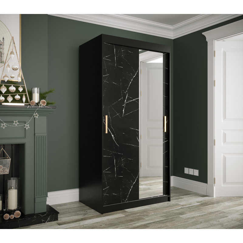 Blerata 2 Door Manufactured Wood Wardrobe, 200cm H x 100cm W x 62cm D, Black Matt/Black Matble