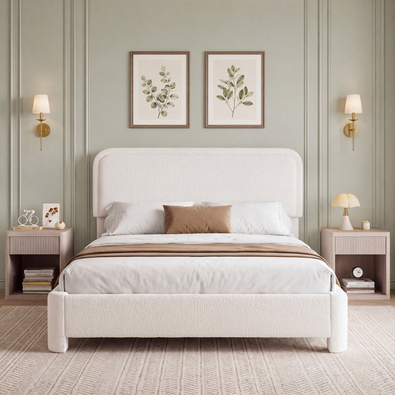 Ensemble de lit tapissier en tissu Celyn White Boucle Teddy, Grand lit