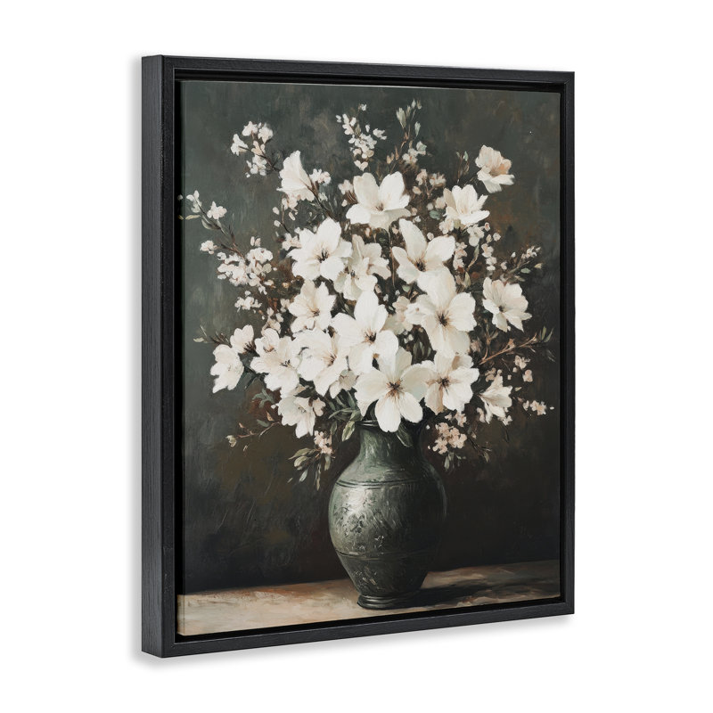 Cadre flottant traditionnel Traditional White Bouquet, design par Petal Prints Design, Cadre flottant noir de jais
