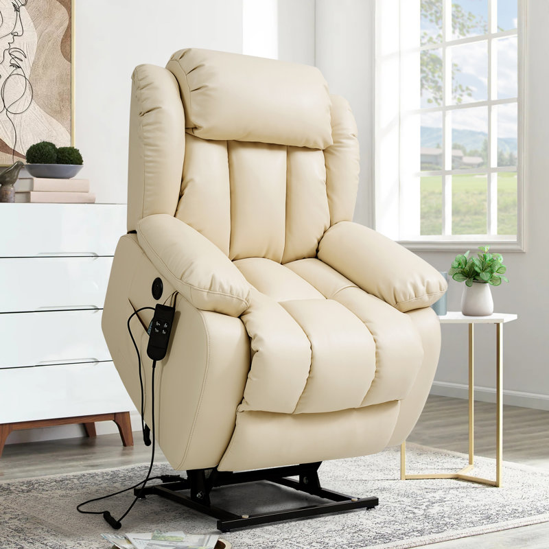 Saidee Faux Leather Dual Motor Power Lift Recliner with Heat and Massage , Beige Faux Leather