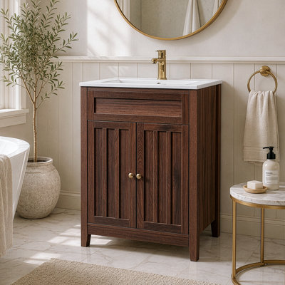 Meuble-lavabo 24 po en noyer avec lavabo en céramique à 2 portes