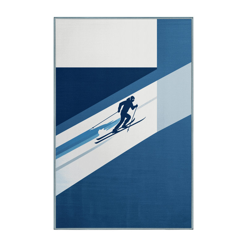 Machine Washable Hubbard Cross Country Skiing Minimalist Rug in Gray – SkyBlue Binding, 4x6