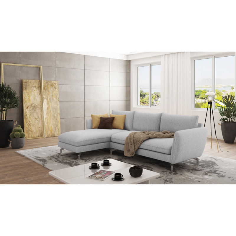 Modern L-Shape Corner Sofa Kimo with Silver Metal Legs, Silver, Left Hand Facing