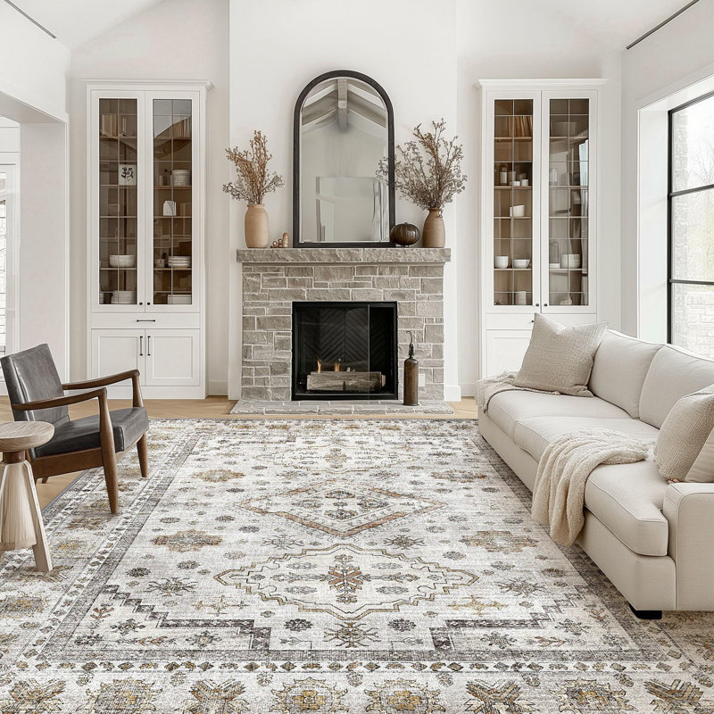 Oriental Machine Washable Area Rug with Non-Slip Backing, Rectangle 80 x 150 cm, Grey