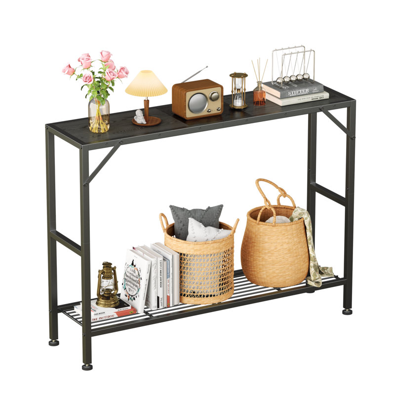 Oak Gray Narrow Console Table with Metal Frame and Storage Shelves