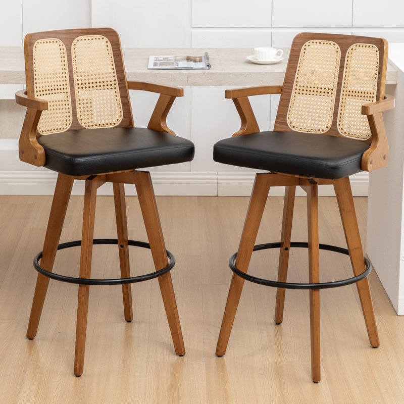 Modern Swivel Upholstered Cane Back Counter & Bar Stools, Black, Counter Stool (26” Seat Height)