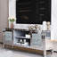 Meuble télé moderne de 60 pouces avec miroir, compatible avec les téléviseurs jusqu'à 65 pouces, portes d'armoire à motif diamant, compartiments de rangement personnalisables, design scintillant texturé, espace ajustable