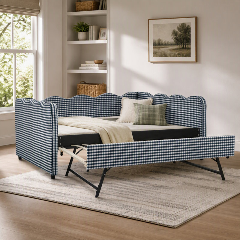 Lit de jour confortable à carreaux vichy, format double, avec lit gigogne simple, tissu en lin, adorable motif ondulé, port USB et sans sommier requis.