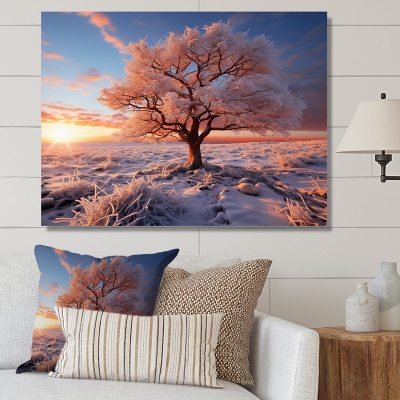«Pink Tree Winters Sunrise Glow», impression d'art mural de paysages, H 30 po x l 40 po, Cadre photo blanc