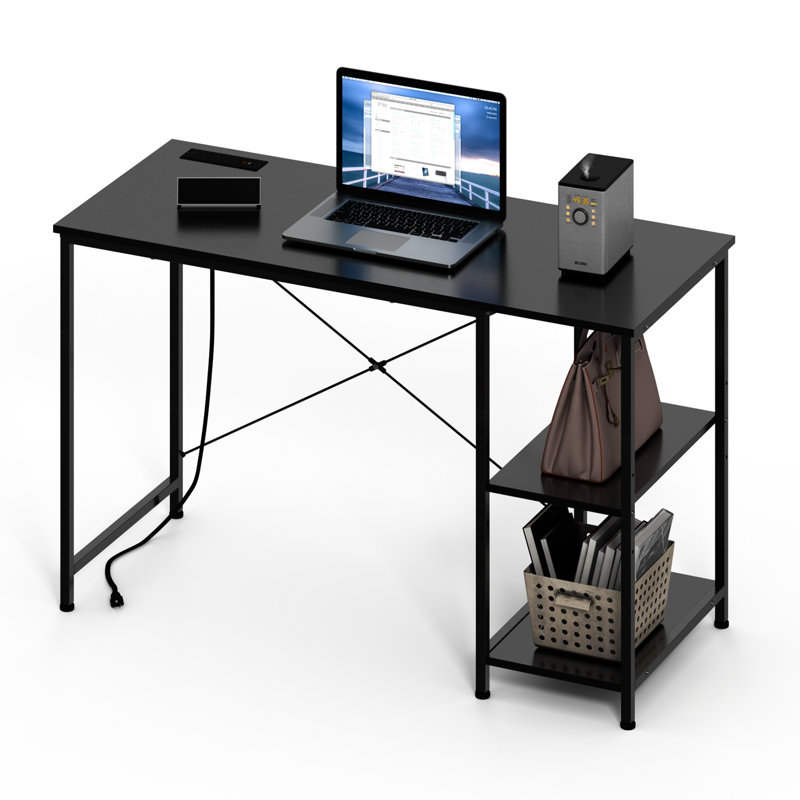 Desk with Shelves, Small Computer Desk with Charging Station, Study Table, Writing Desk, Bedroom Desk with Metal Frame, Rustic Small Office Desk for Home, Walnut