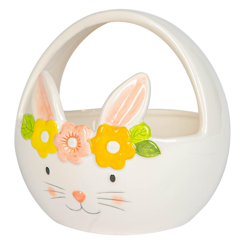 Nicola Spring - Yellow Flower Bunny Basket - 16.5cm - White