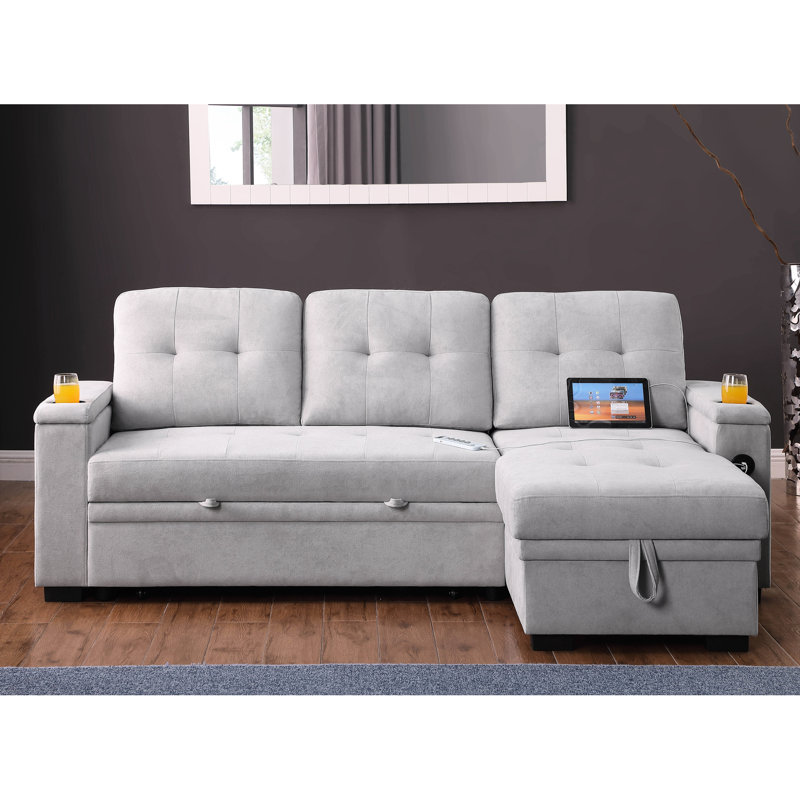 84"W Fabric Reversible Sleeper Sectional With Storage Chaise, Charging Ports, And Side Pockets - Gray, 3 Seats, 17" Seat Back Height Cup Holder,