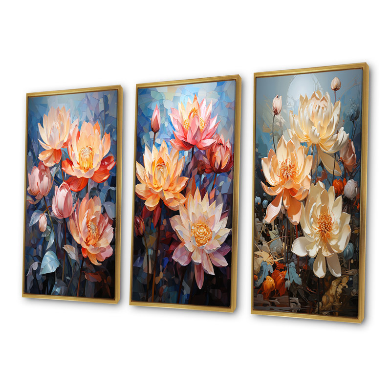 Lotus Cubist Harmony - lot de 3 décorations murales Lotus, Cadre flottant doré, H 28 po x l 36 po