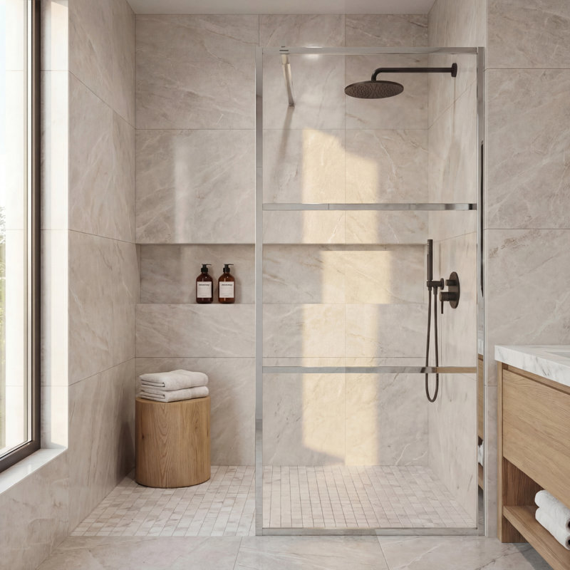 Fixed Shower Glass Panel, 1/4" (6mm) SGCC Clear Tempered Glass Shower Screen for Walk-in Bathroom, Framed Shower Door with Adjustable Support Bar, 3-Piece Divided Pattern, Bonus Glass Sealant Included