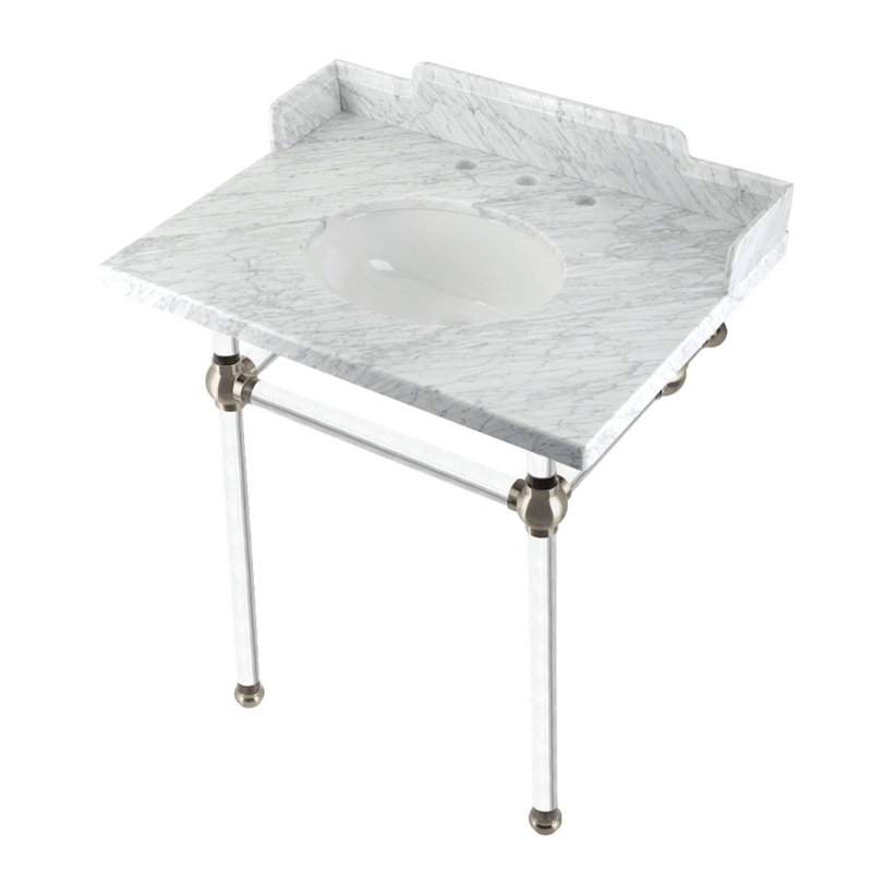 Kingston Brass Pemberton 30-Inch Carrara Marble Console Sink with Acrylic Legs (8-Inch, 3-Hole), Marble White/Brushed Nickel
