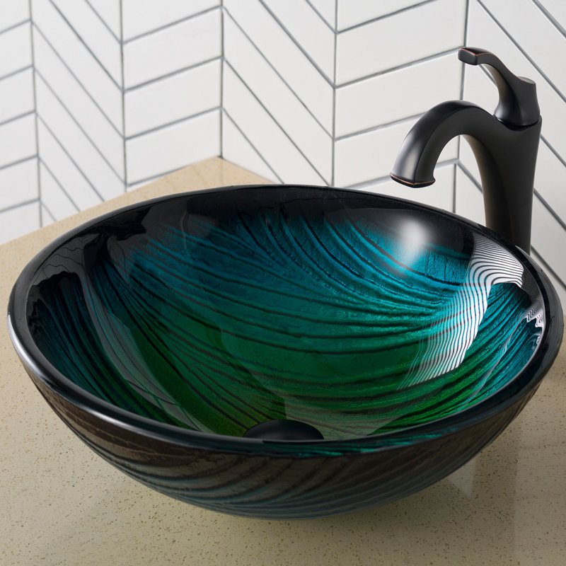 Nature Series Glass Circular Vessel Bathroom Sink with Faucet, Oil Rubbed Bronze