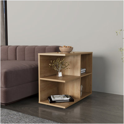 Table Latham, table d'appoint moderne avec 4 compartiments de rangement ouverts, organisateur de salon