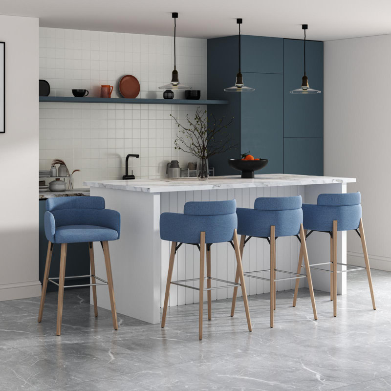 Modern 30" Bar Stool with Upholstered Barrel Back and Solid Wood Legs, Blue
