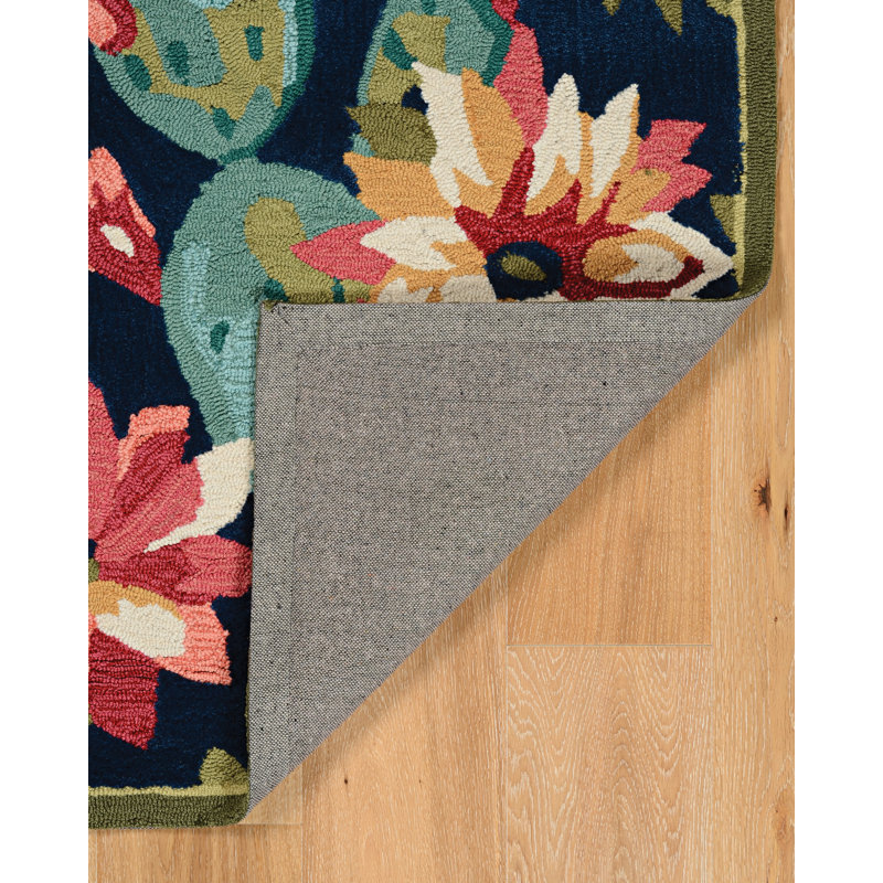 Mehcad Floral Handmade Tufted Navy/Green/Pink Area Rug, Rectangle 8' x 10'