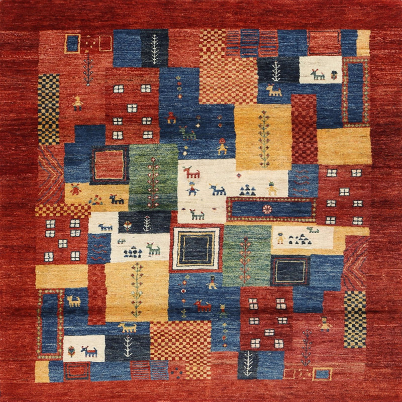 Tapis gris/beige/rouge contemporain, Carré 4 pi