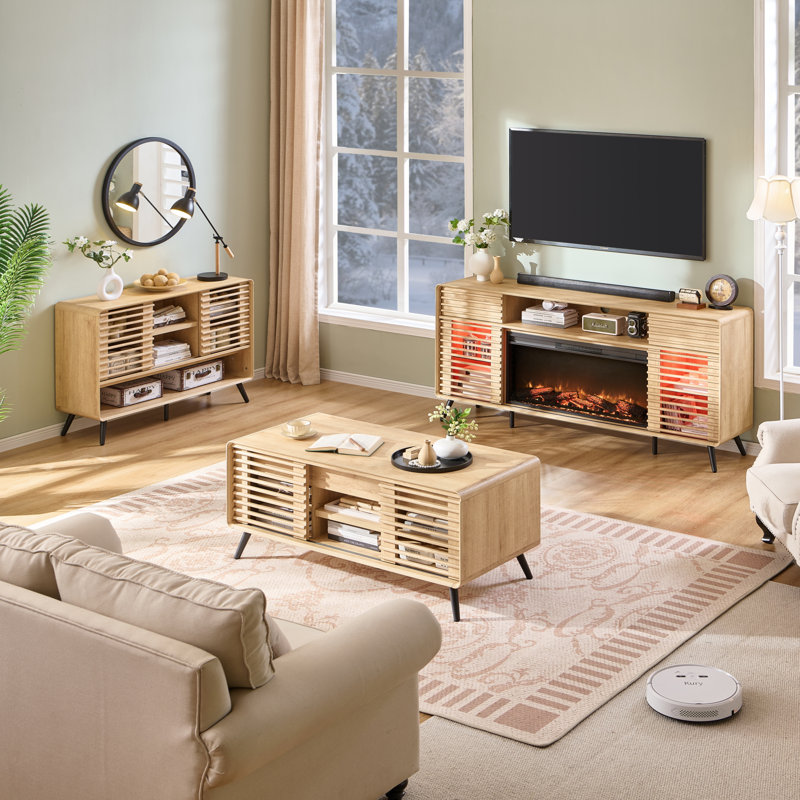 Buffet de rangement respirant 46 "avec tablettes réglables et porte coulissante à lattes, Tanné