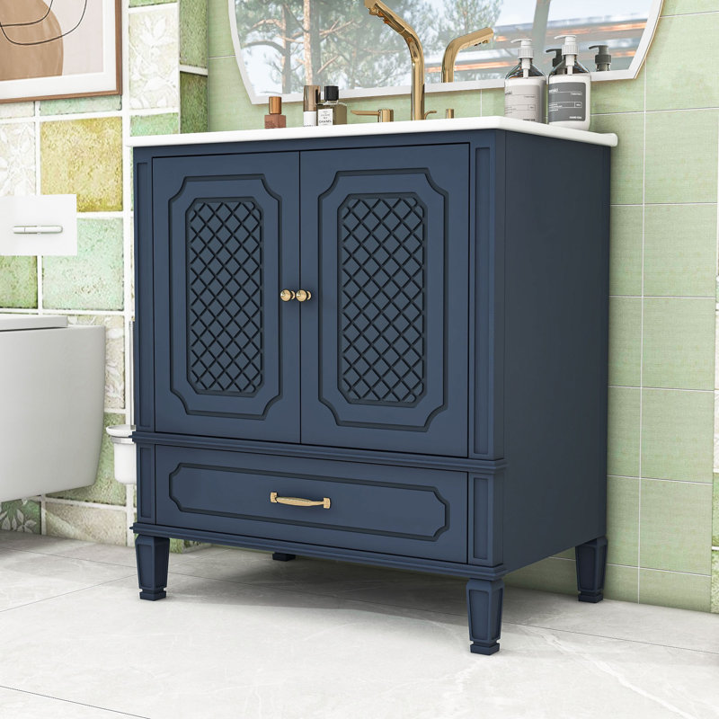 Meuble-lavabo vintage 30 po avec lavabo en céramique, tiroir de rangement et tablettes réglables, Noir