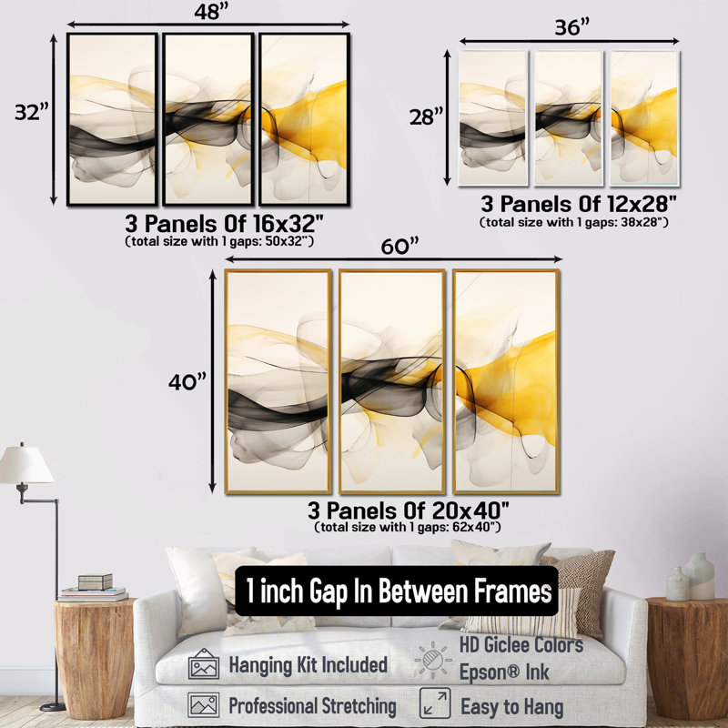 Mariage de noir et jaune - ensemble d'art mural abstrait à encre liquide, Encadrement argenté, H 28 po x l 36 po x P 1 po