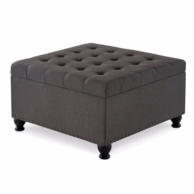 Large Square Storage Ottoman With Wooden Legs, Upholstered Button Tufted Coffee Table With Nail Trims