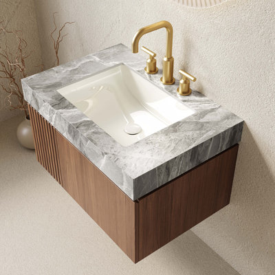 Meuble-lavabo 30 po, armoire de rangement en contreplaqué flottant avec tiroir et porte, comptoir en pierre frittée et lavabo en céramique avec 3 trous de robinet pré-percés